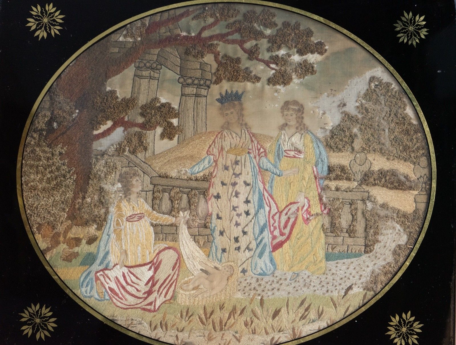 Antique Georgian Silkwork Embroidery, Moses In The Bullrushes, Verre Eglomise photo furniture