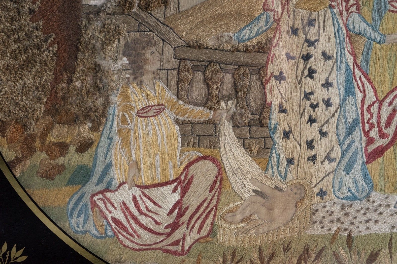 Art Antique Georgian Silkwork Embroidery, Moses In The Bullrushes, Verre Eglomise photo