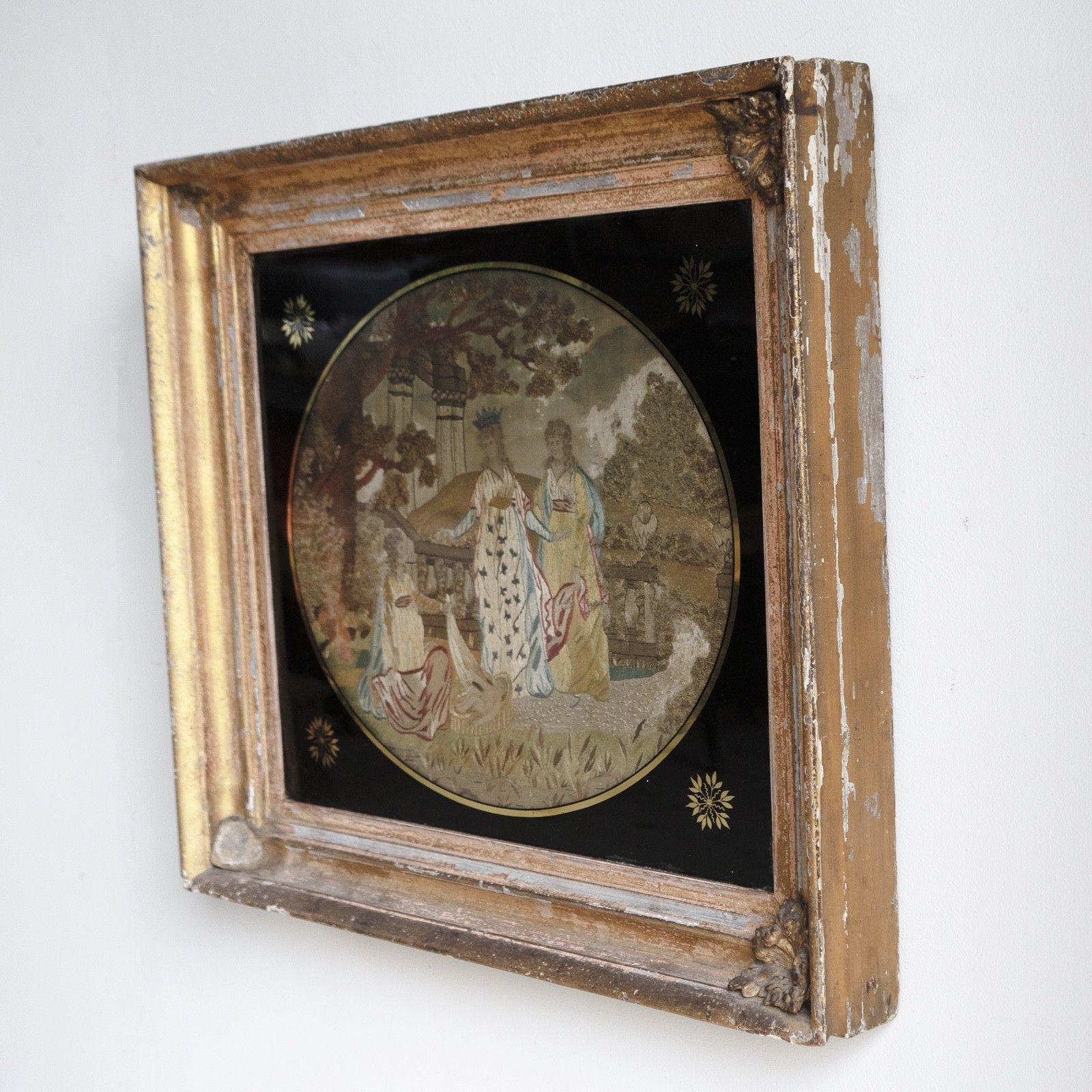 photo buy Antique Georgian Silkwork Embroidery, Moses In The Bullrushes, Verre Eglomise