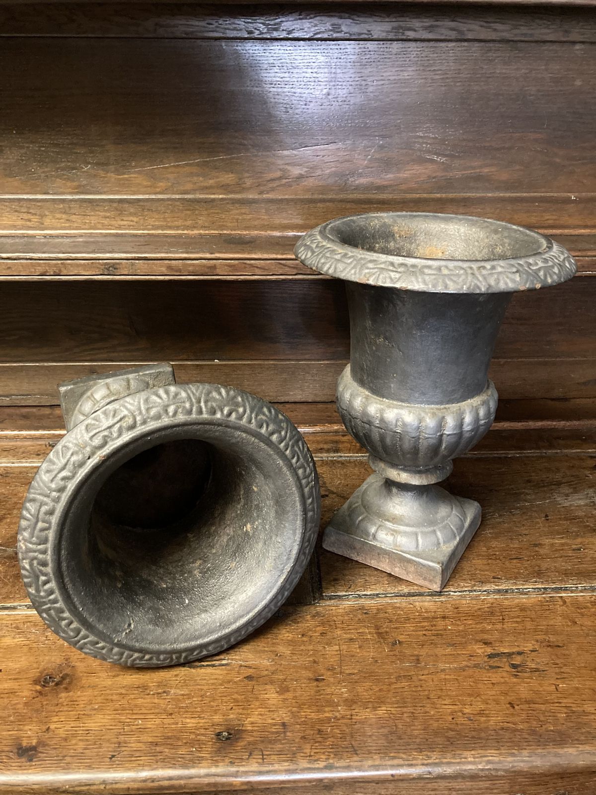 20thc Pair Of Nice Quality Cast Iron Campana Urns photo furniture