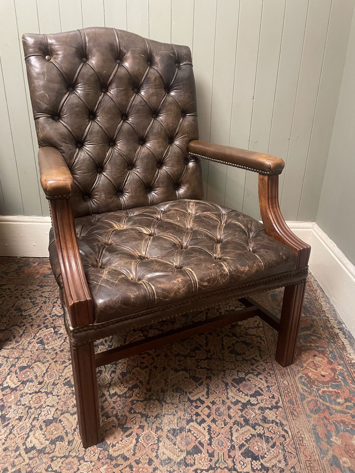 photo buy Vintage Pair Of Handmade English Leather Chesterfield Gainsborough Armchairs