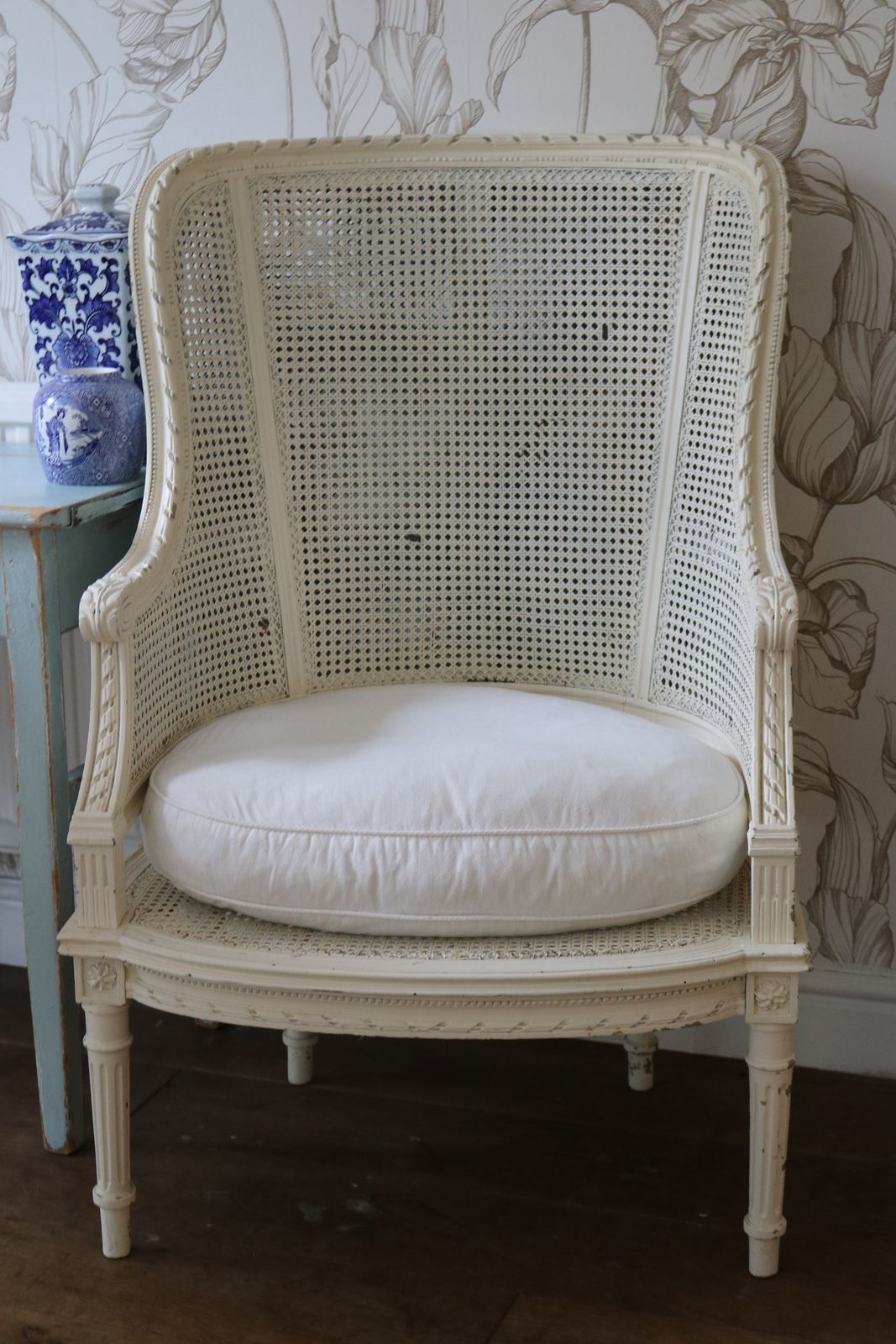 Vintage French White Rattan Bergere High Back Armchair photo furniture