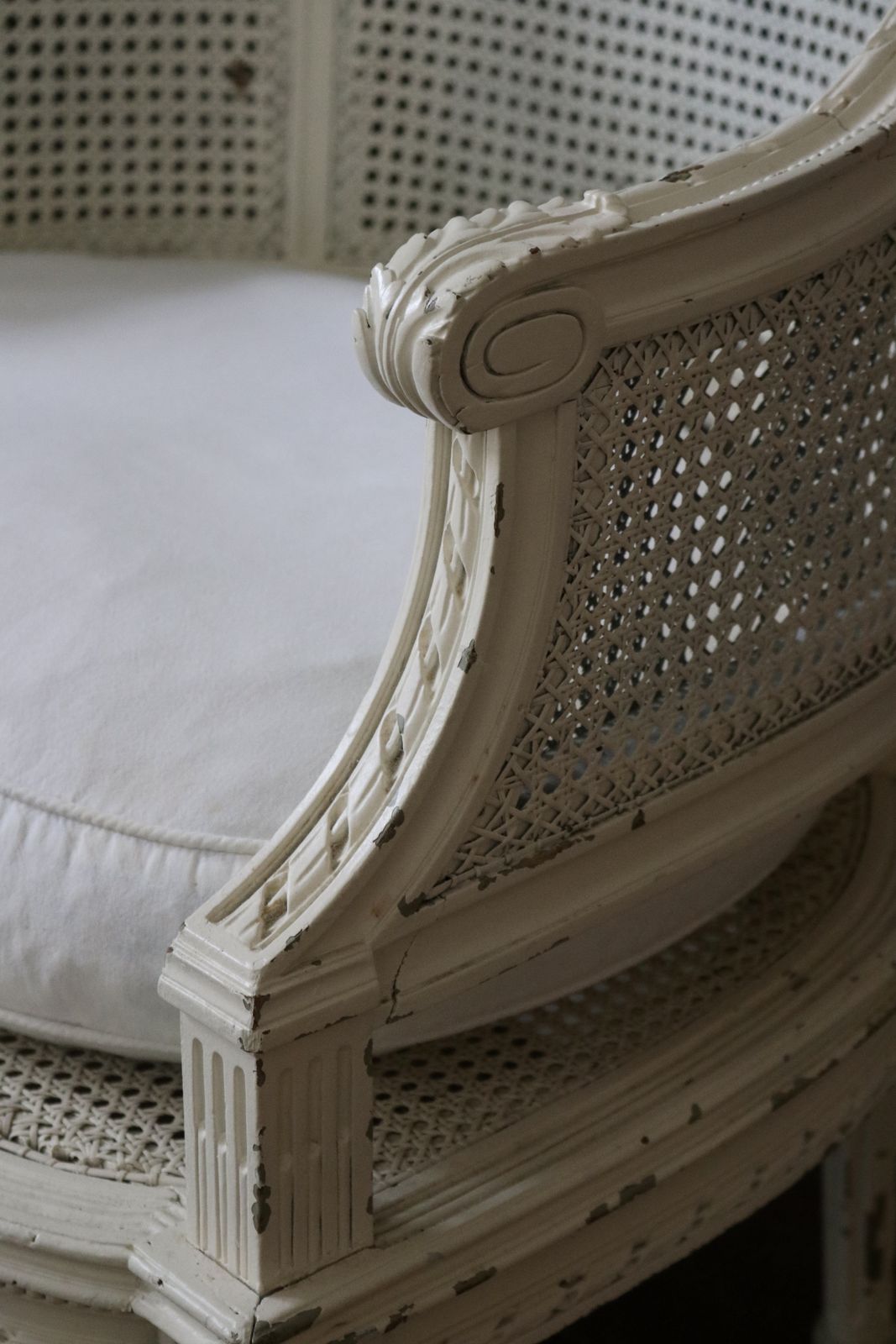 photo for sale Vintage French White Rattan Bergere High Back Armchair