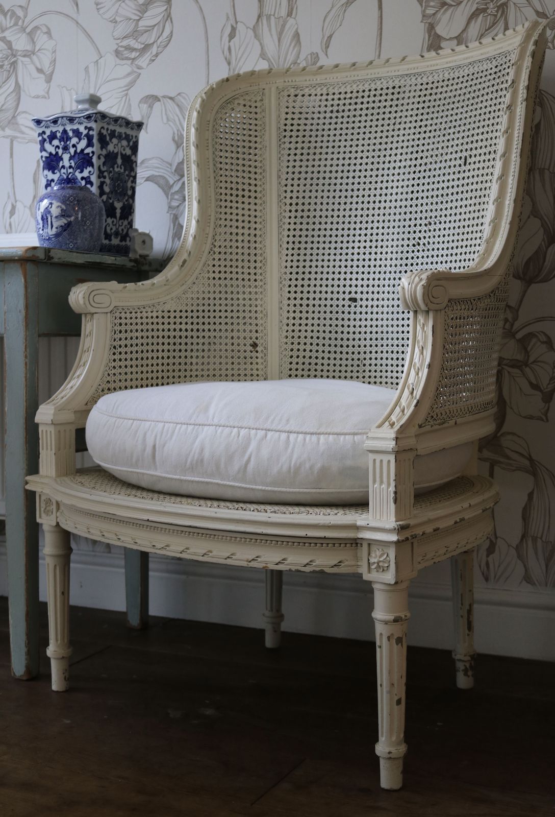 Furniture Vintage French White Rattan Bergere High Back Armchair photo