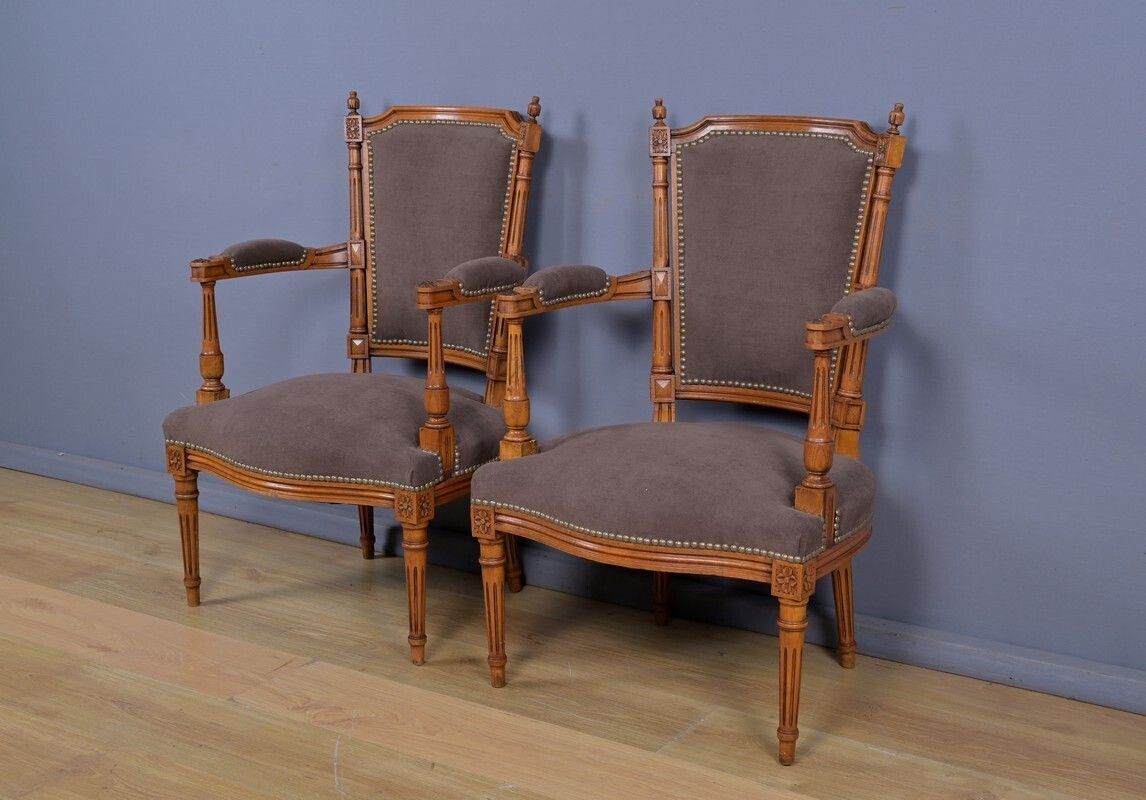 Pair Of Stained Beech Armchairs, Louis XVI Style – 1950 photo for sale