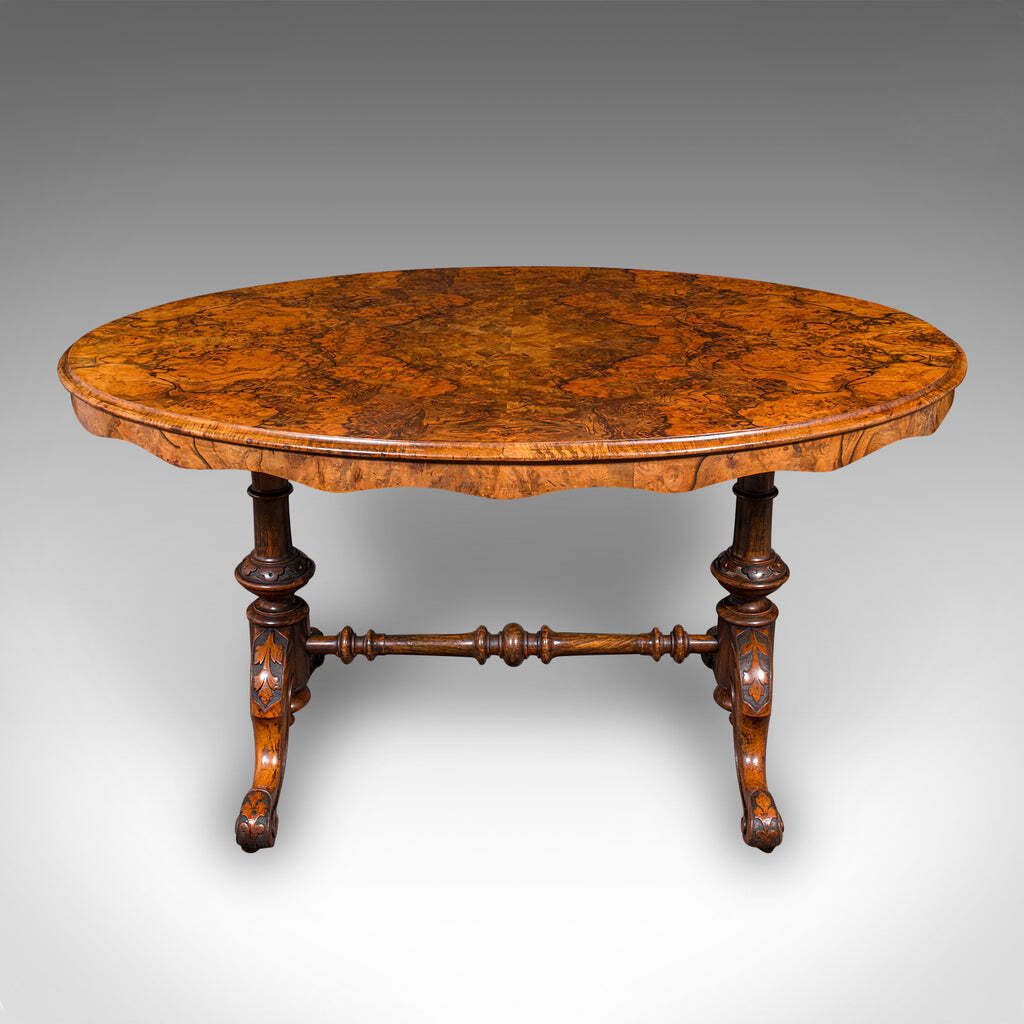 Antique Display Table, English, Burr Walnut, 4 Seat, Oval, Centre, Victorian photo furniture