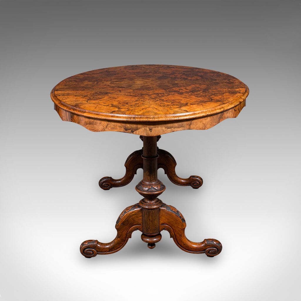 Antique Display Table, English, Burr Walnut, 4 Seat, Oval, Centre, Victorian photo for sale
