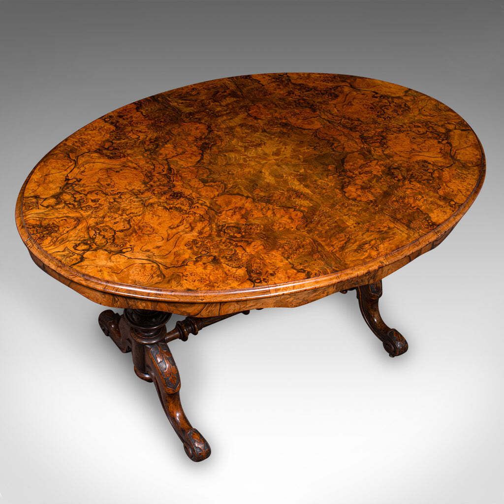 Antique Display Table, English, Burr Walnut, 4 Seat, Oval, Centre, Victorian photo vinterior