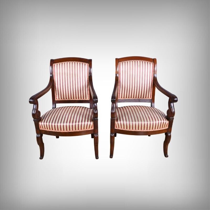 Pair Of Armchairs In Solid Cuban Mahogany, Restoration Period – Early 19th Century photo furniture