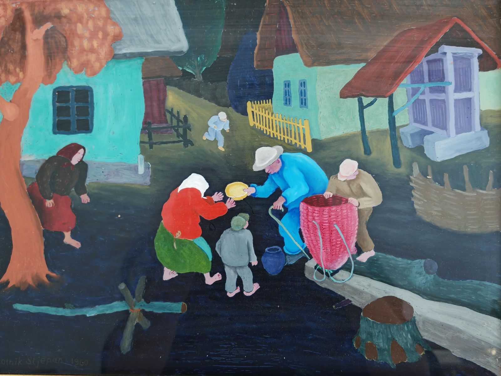 Naive Art Painting, "Village Scene" By Stjepan Stolnik, Yugoslavia 1960 photo 3500.0