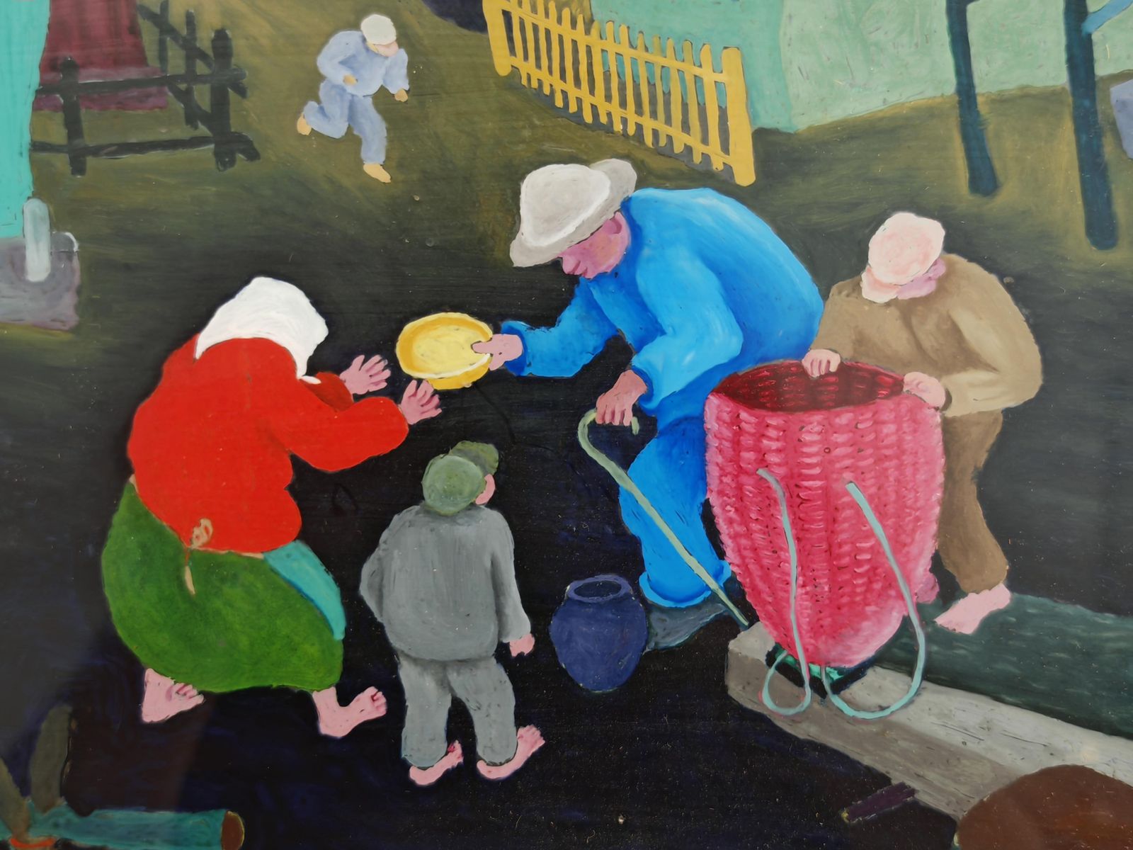 Naive Art Painting, "Village Scene" By Stjepan Stolnik, Yugoslavia 1960 photo vintage