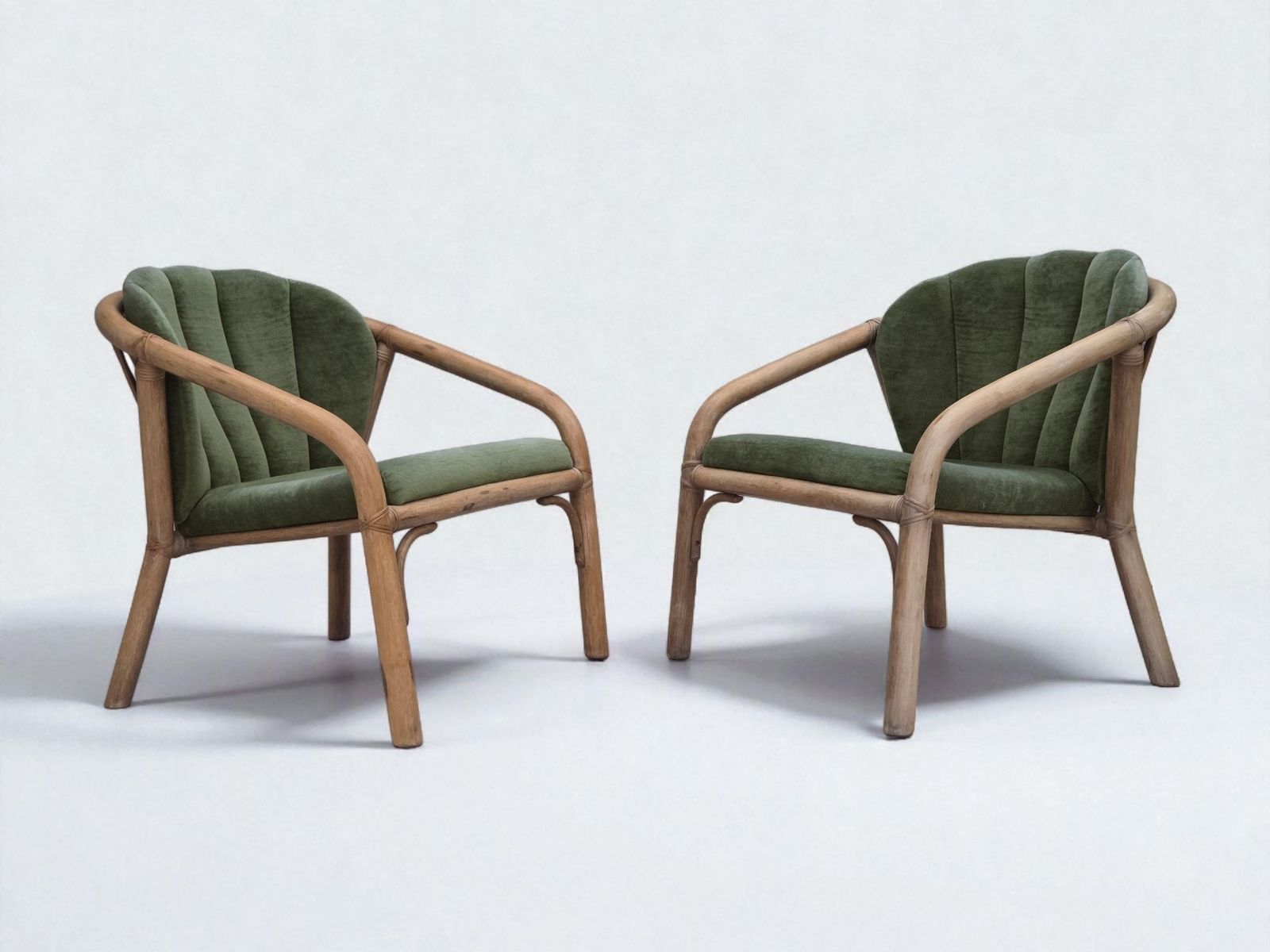 1970s, Pair Of Scandinavian Lounge Chairs, Green Furniture Velour And Rattan.