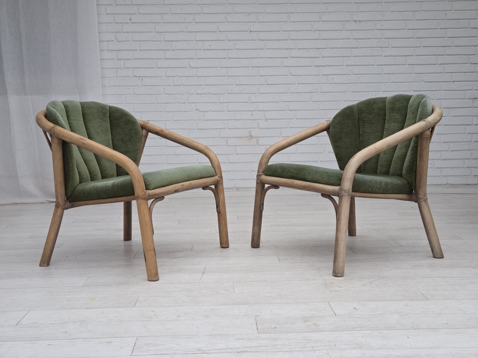 1970s, Pair Of Scandinavian Lounge Chairs, Green Furniture Velour And Rattan. photo furniture