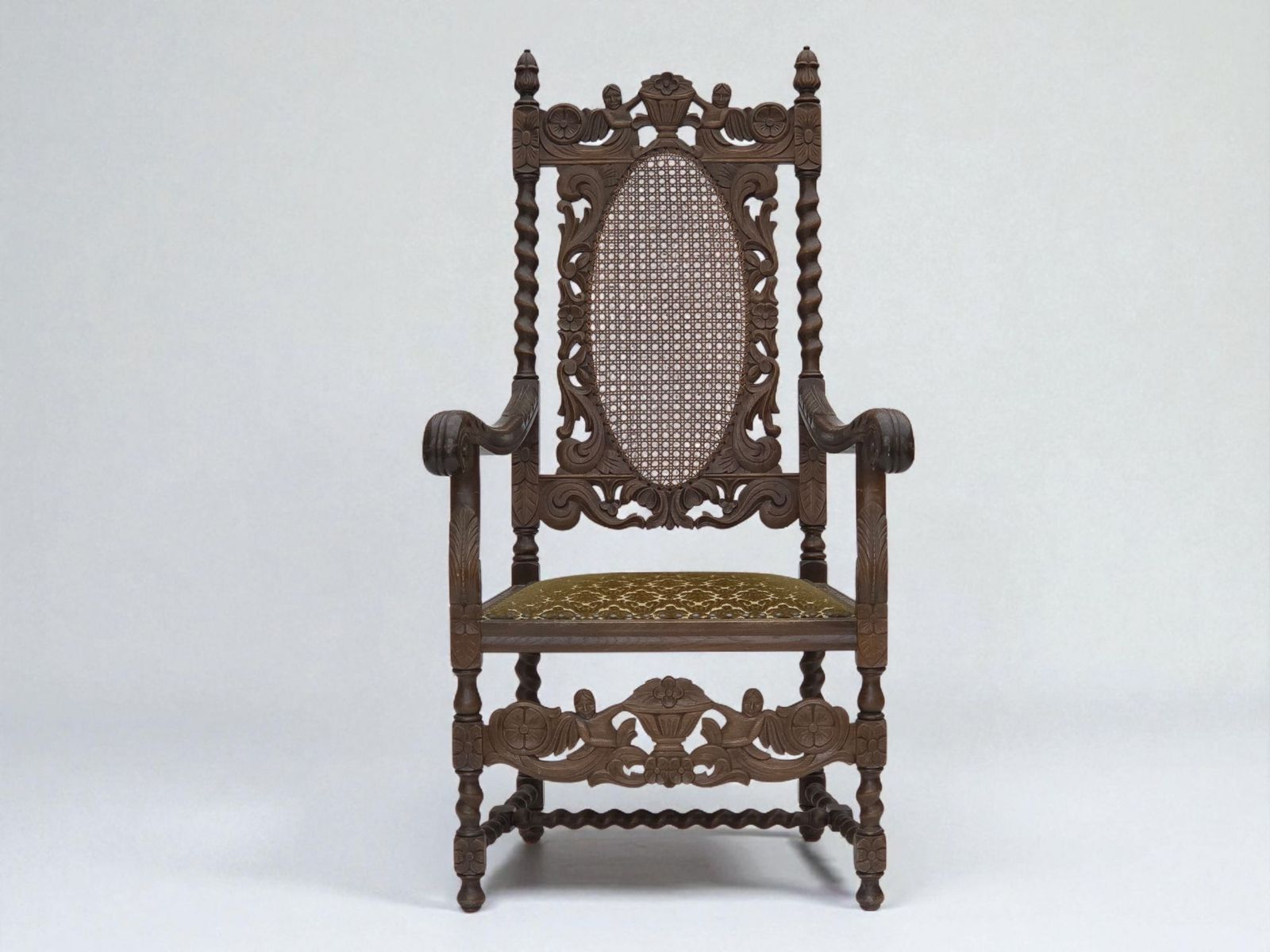 1930s, Danish Highback Armchair, Furniture Mesh, Velour, Hand Carved Oak Wood.