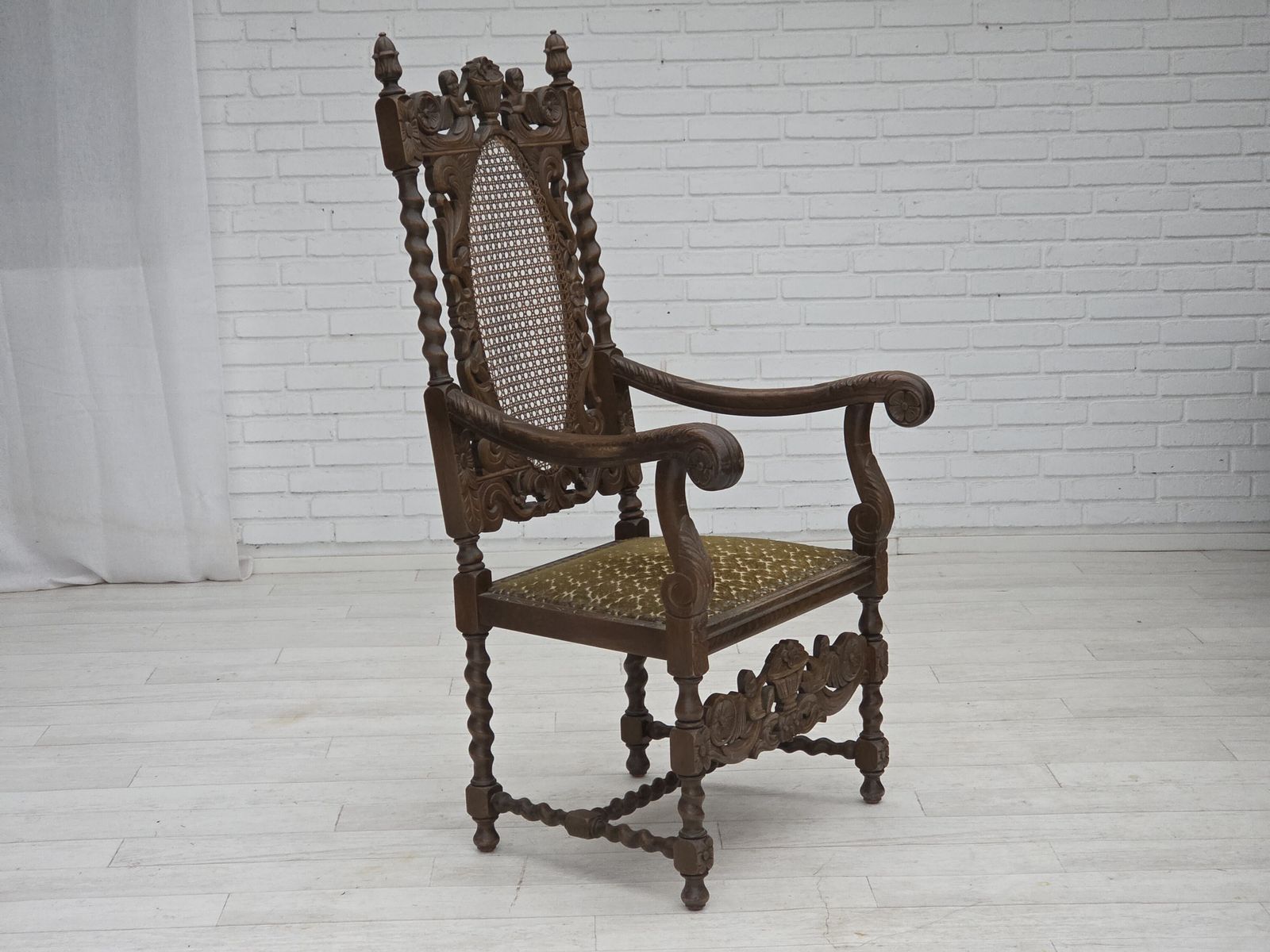 1930s, Danish Highback Armchair, Furniture Mesh, Velour, Hand Carved Oak Wood. photo vintage