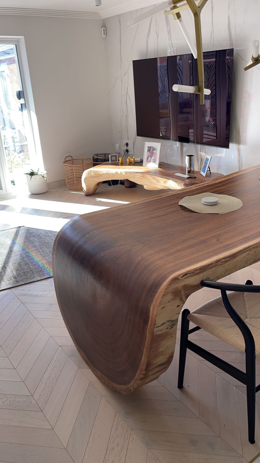 Indonesian Teak Live Edge Dining Table – Sculptural Waterfall Slab – Seats 8–10 – Hand Carved – Designer Piece photo for sale