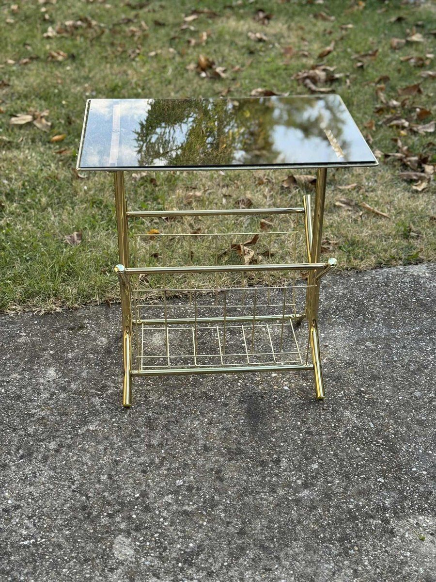 Mid Century Modern Brass And Smoked Glass Side Table With Integrated Magazine Holder, 1970s photo for sale
