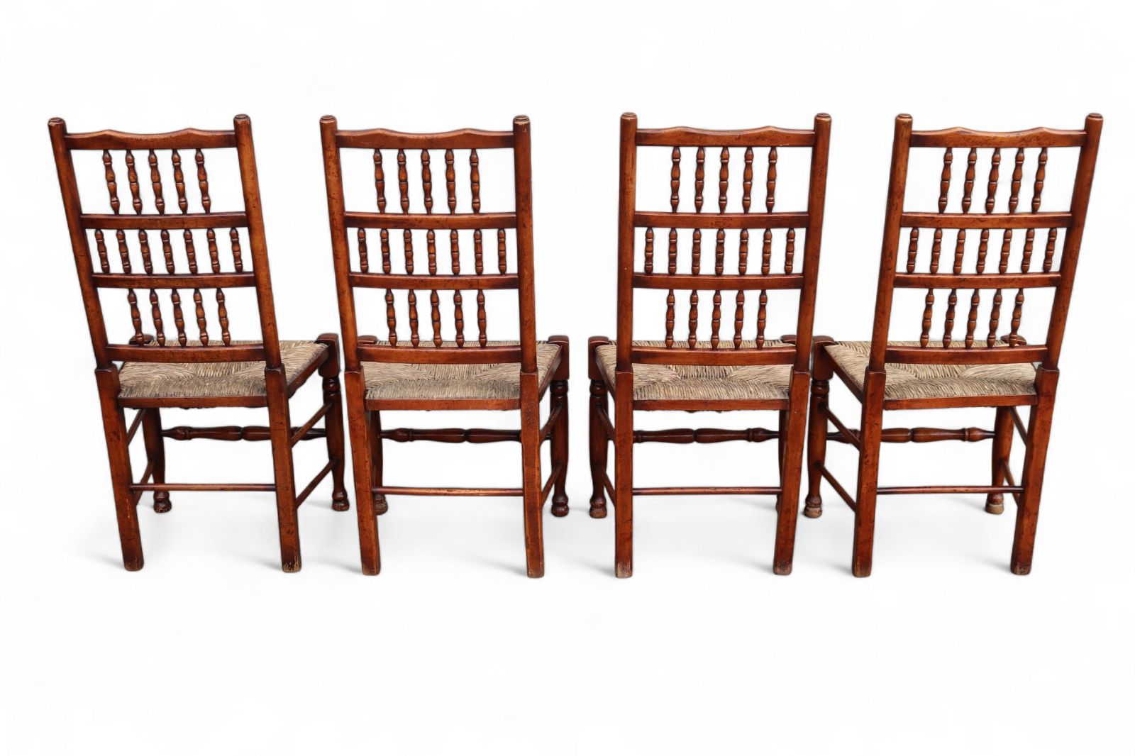 Set Of 8 Antique Lancashire Elm & Ash Rush Seat Spindle Back Dining Chairs photo for sale
