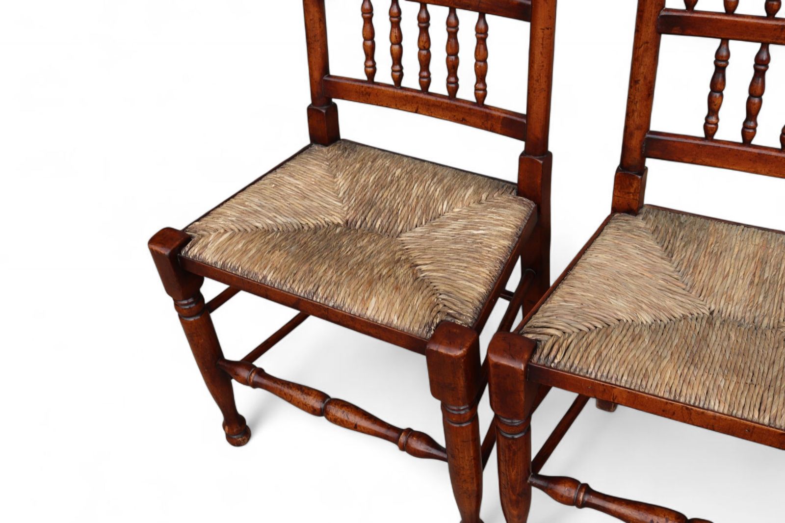 photo buy Set Of 8 Antique Lancashire Elm & Ash Rush Seat Spindle Back Dining Chairs