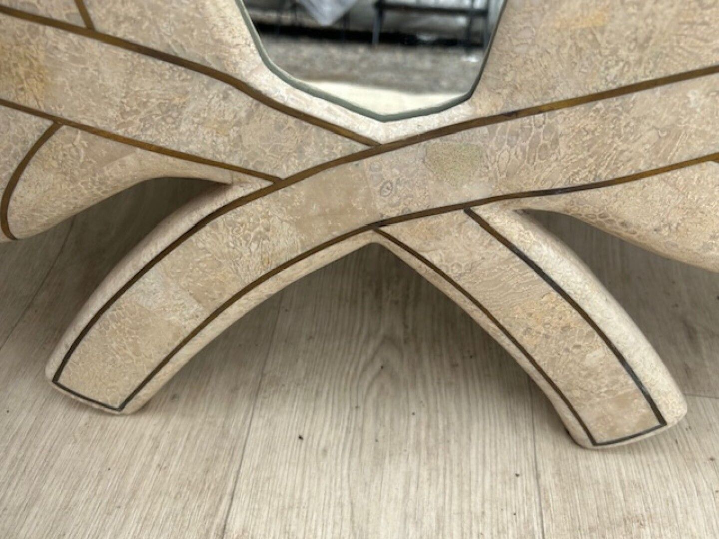 photo for sale Postmodern Tessellated Travertine Demi Lune Console, Attributed To Maitland Smith, 1980s