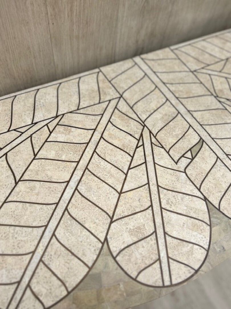 photo vintage Postmodern Tessellated Travertine Demi Lune Console, Attributed To Maitland Smith, 1980s