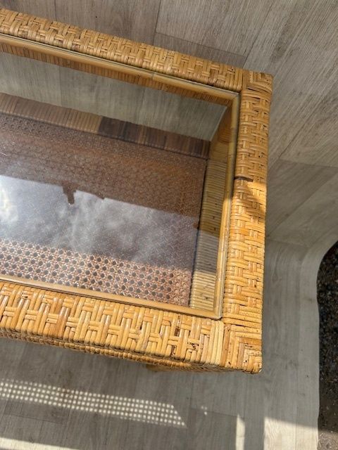 Mid Century Modern Woven Rattan & Glass Two Tier Console, Italy, 1970s photo 2400.0