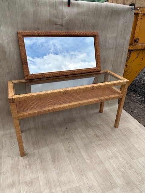 photo furniture Mid Century Modern Woven Rattan & Glass Two Tier Console, Italy, 1970s