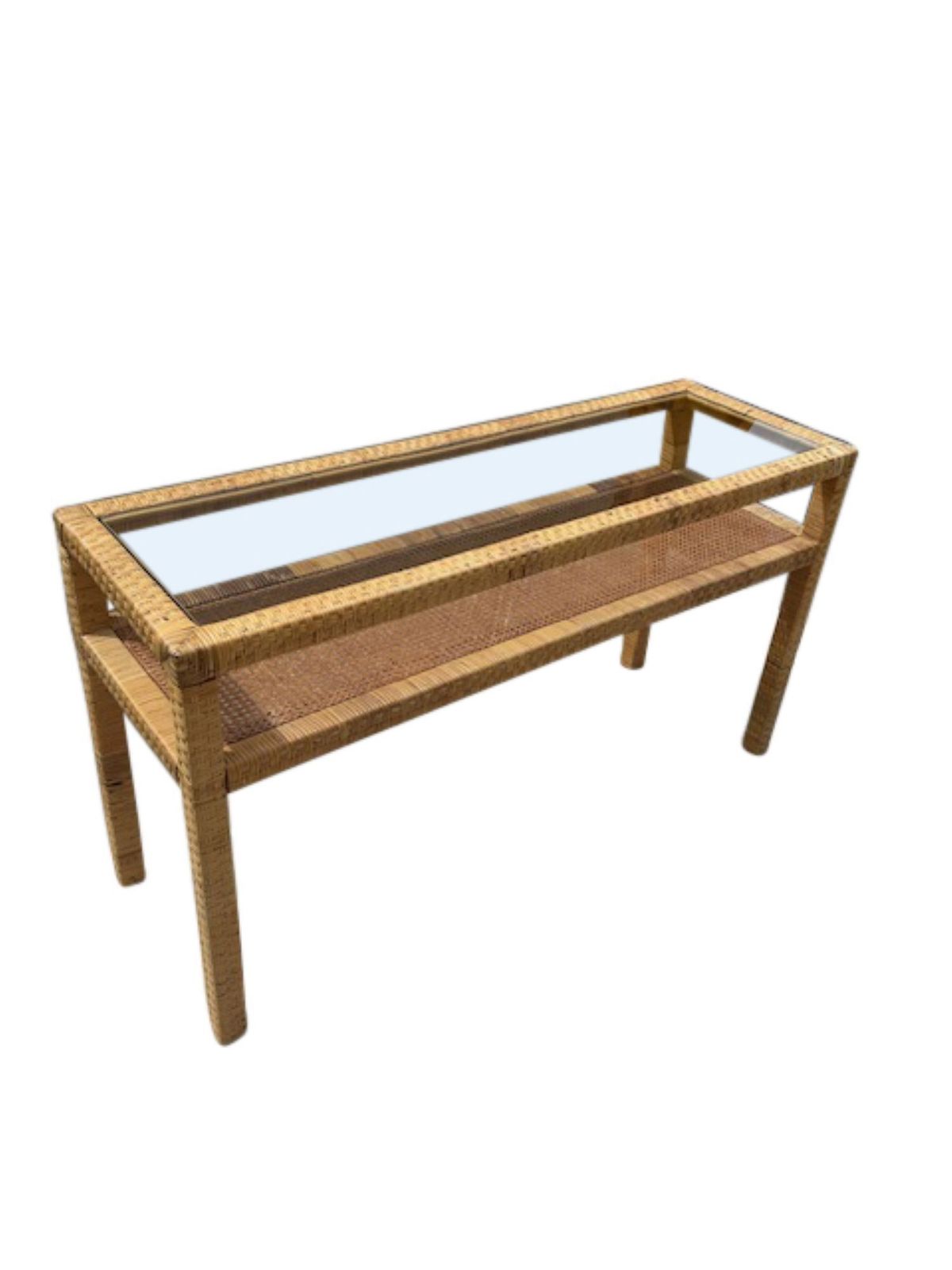 Mid Century Modern Woven Rattan & Glass Two Tier Console, Italy, 1970s