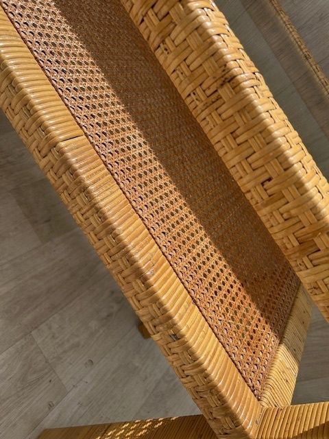 Furniture Mid Century Modern Woven Rattan & Glass Two Tier Console, Italy, 1970s photo
