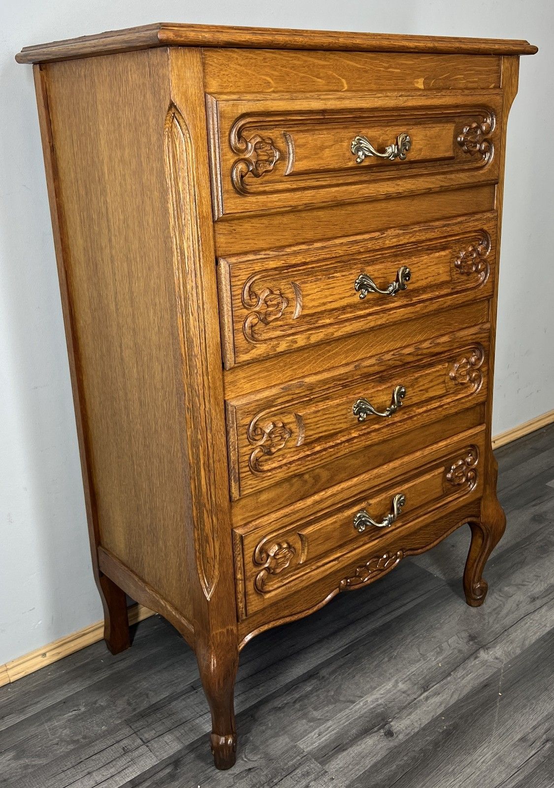 Chest Of Drawers Vintage French Louis Oak 4 Drawers Carved Cabinet Lot 4466 photo vinterior