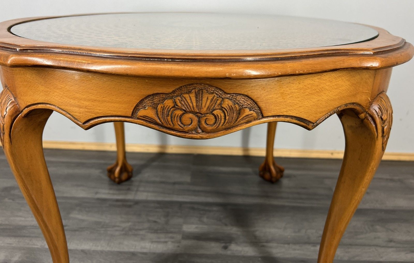 Coffee Table Vintage French Oak Round Glass Top Ornate Cane Table Lot 4462 photo 349.0