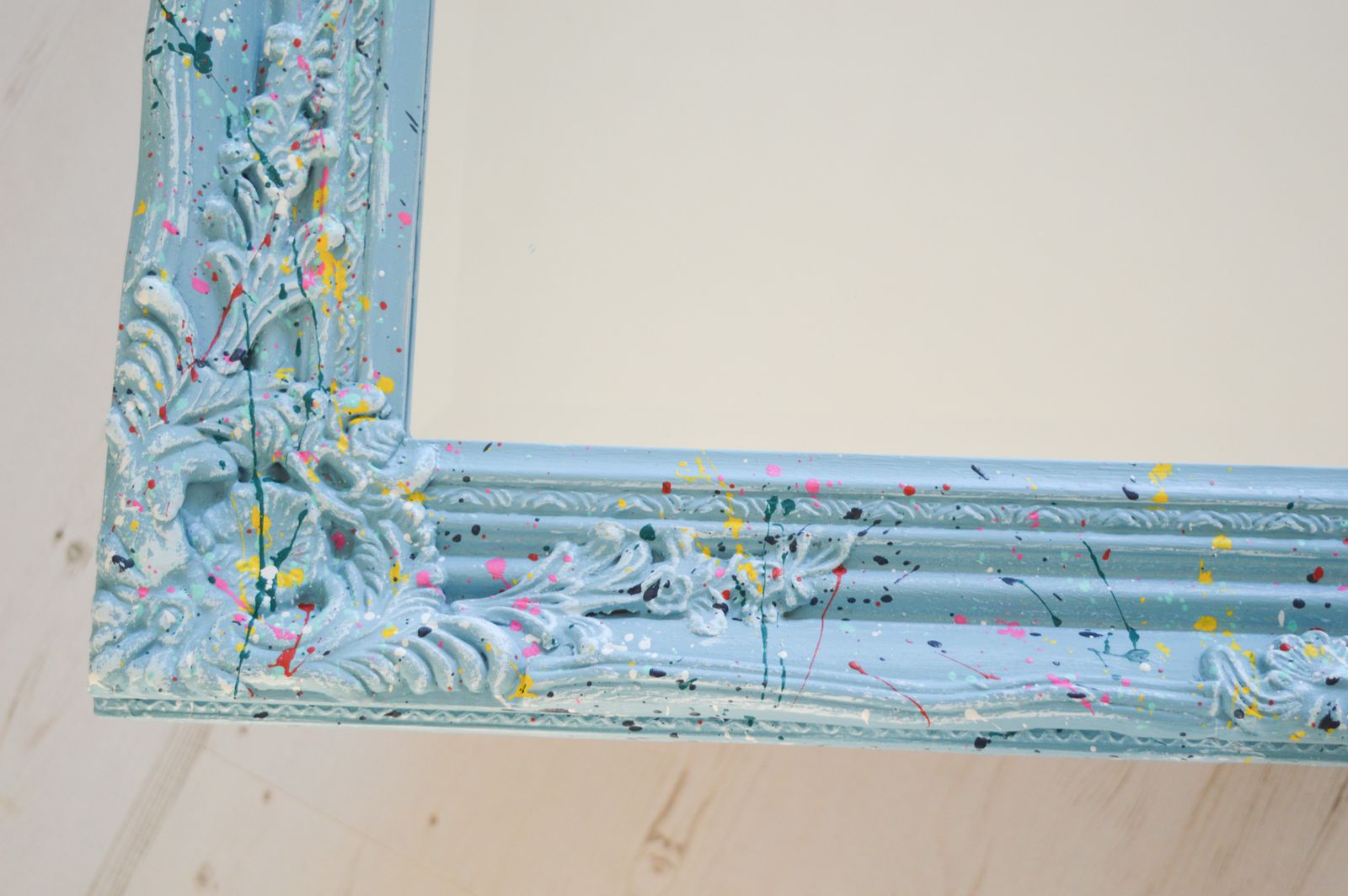 French Style Mirror With Splats Of Colourful Paint, Colourful Hand Painted Provence Blue Ornate 64x54 Cm photo Home Decor