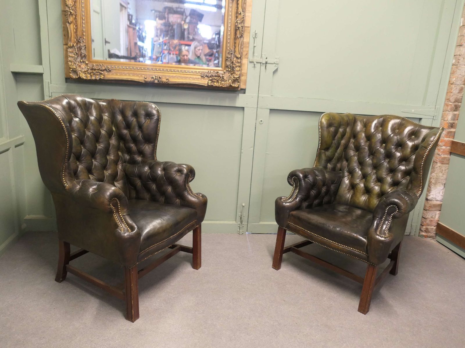 A Pair Of Georgian Style Gentleman’s Wing Back Leather Chesterfield Chairs photo furniture