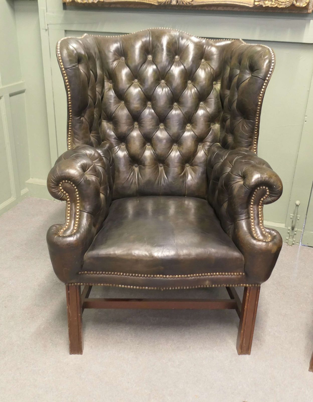 A Pair Of Georgian Style Gentleman’s Wing Back Leather Chesterfield Chairs photo for sale