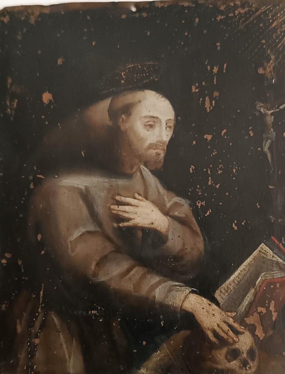 Old Painting On Copper, Italian School, 17th Century   Saint Francis photo buy