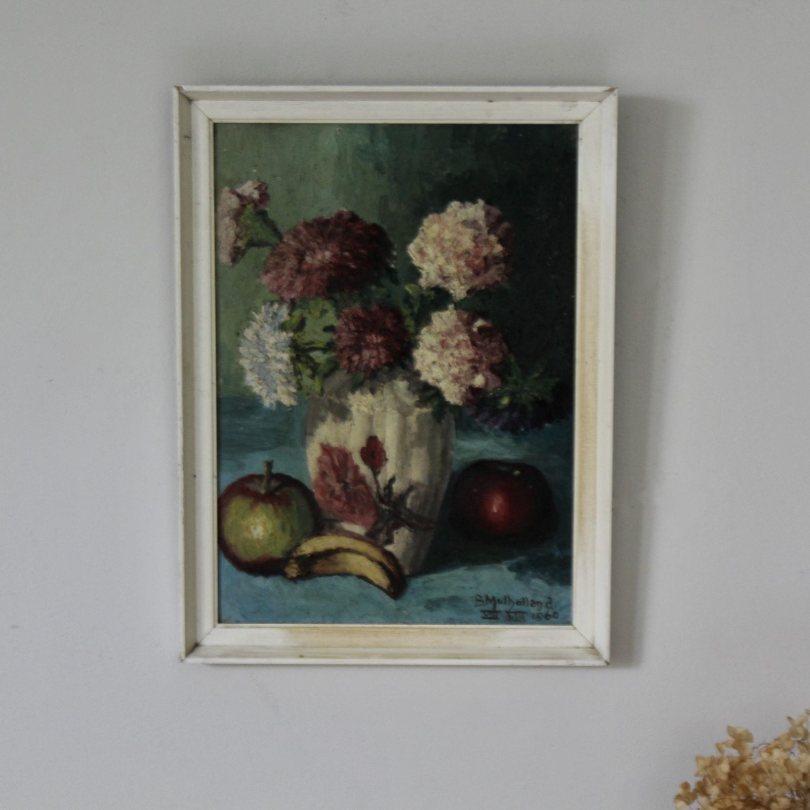 Floral Painting, Oil On Board, Signed And Dated 1960 photo vintage