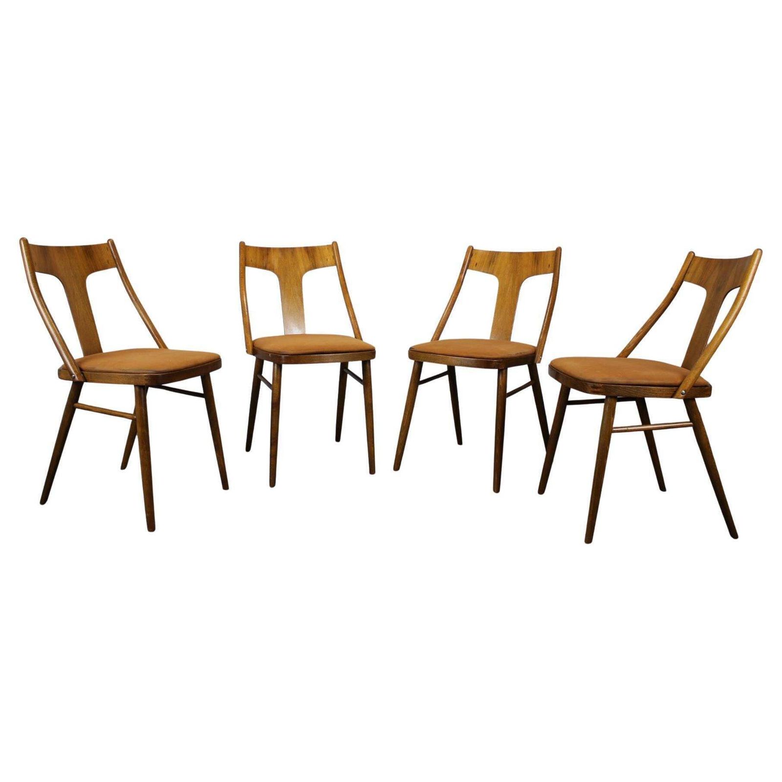 1950s Set Of Four Dining Chairs In Walnut, Czechoslovakia