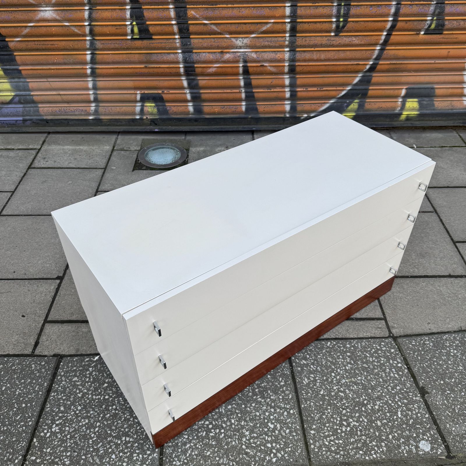 A Stunning Retro 1970s Pair Of White, Chrome And Rosewood Meredew British Chest Of Drawers. photo for sale