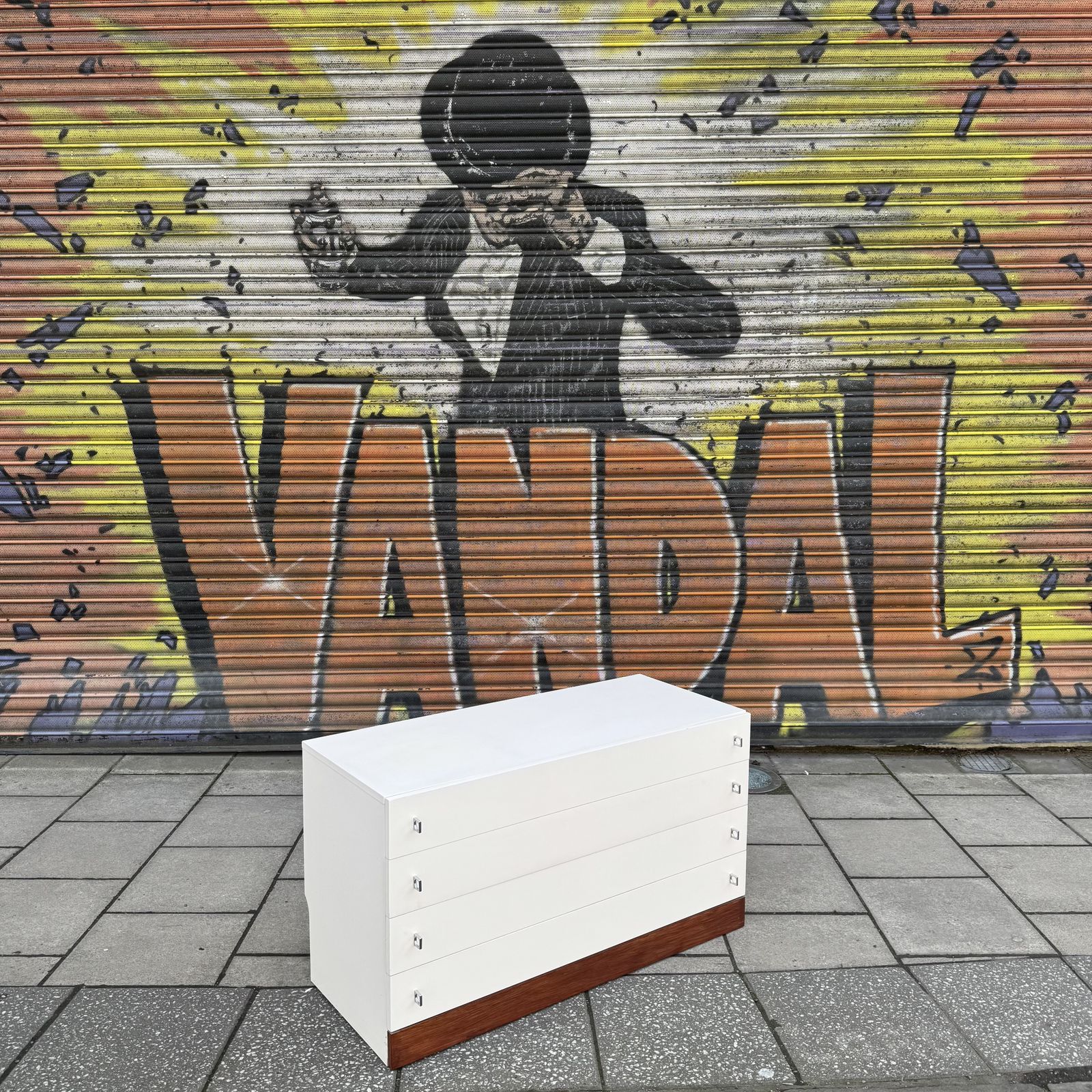 photo furniture A Stunning Retro 1970s Pair Of White, Chrome And Rosewood Meredew British Chest Of Drawers.