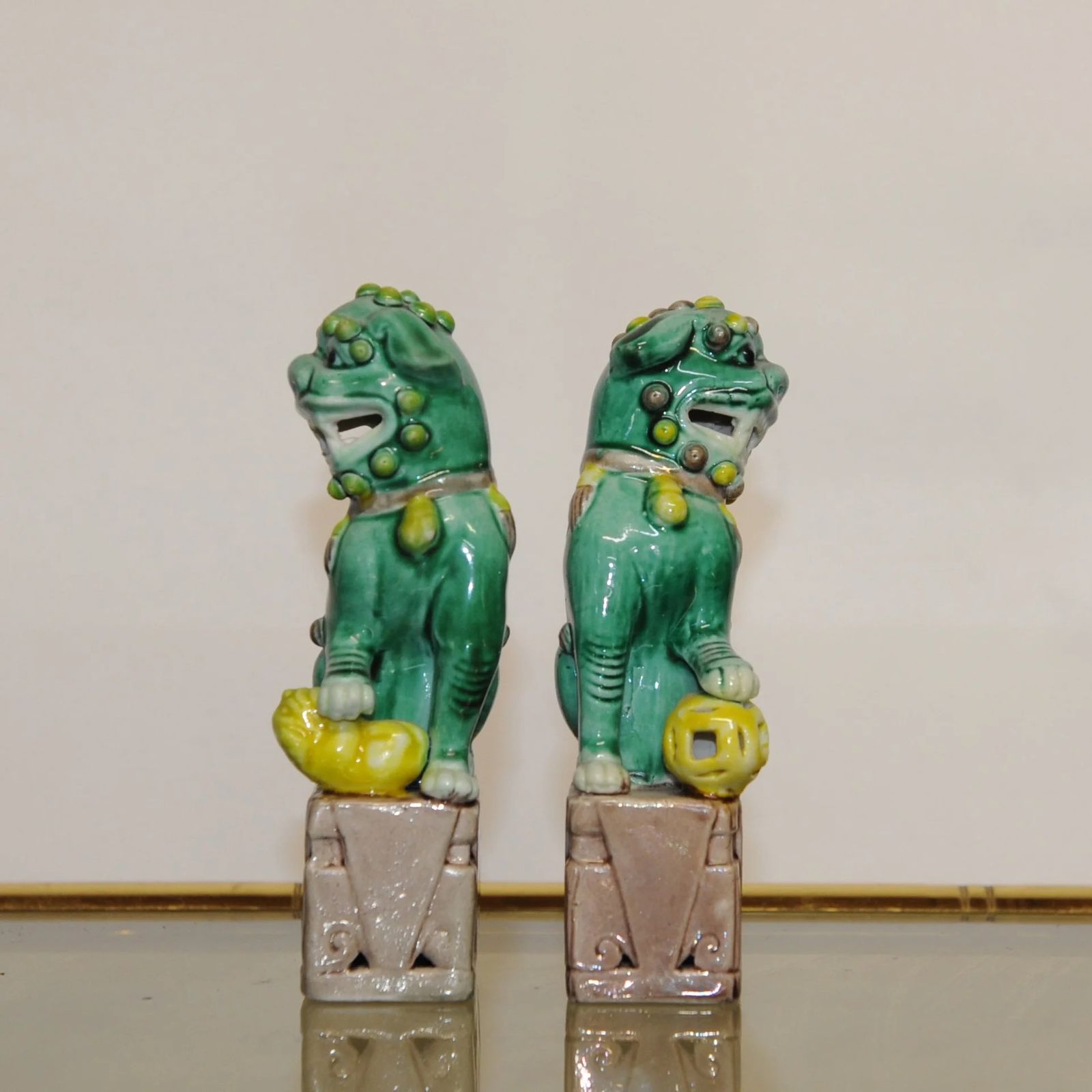 Pair Of Old Chinese Temple Lions Foo Dog Guardian Green & Yellow Porcelain Figures, 1920s photo furniture