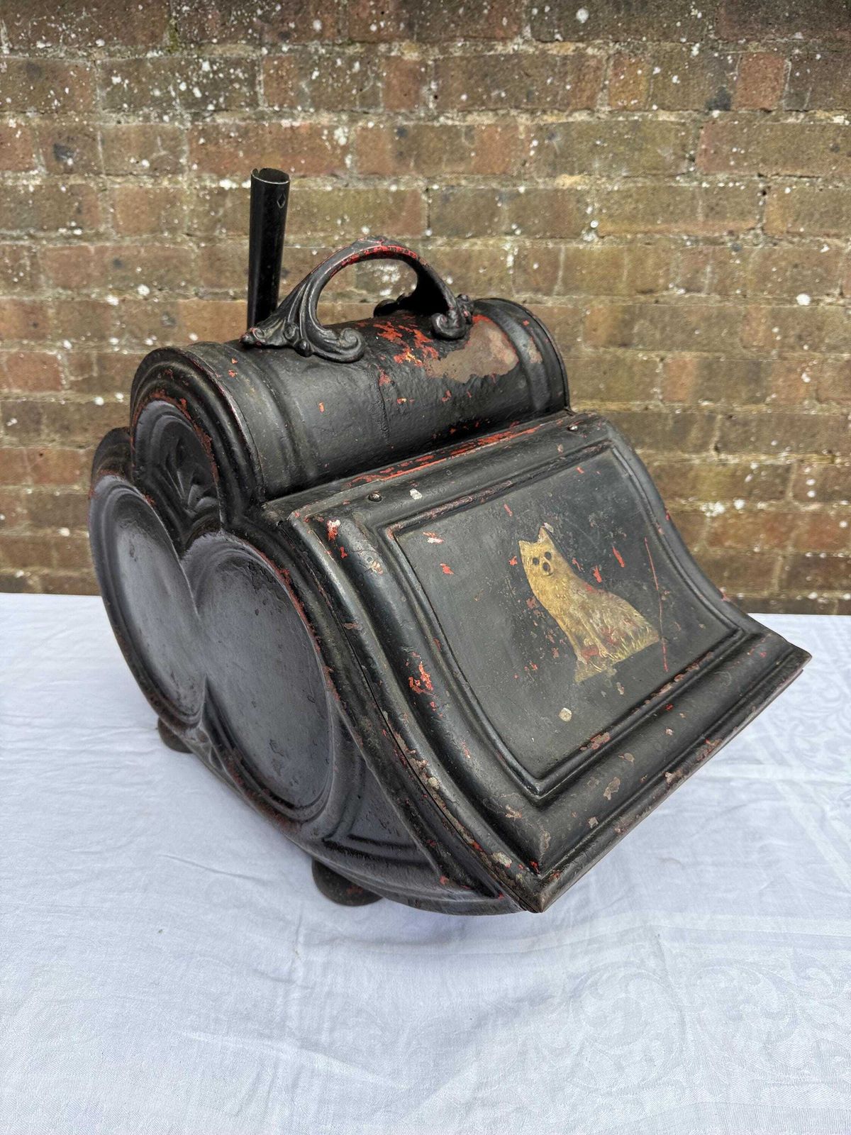 Antique Black Painted Victorian Coal Scuttle With Dog Motif And Shovel — Possibly Central European Metal Fireplace Coal Bucket And Shovel photo furniture