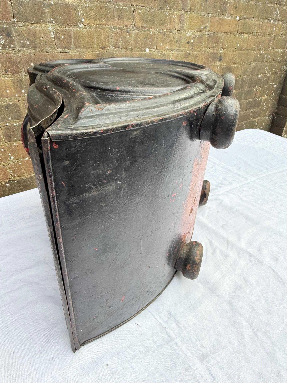 Antique Black Painted Victorian Coal Scuttle With Dog Motif And Shovel — Possibly Central European Metal Fireplace Coal Bucket And Shovel photo buy