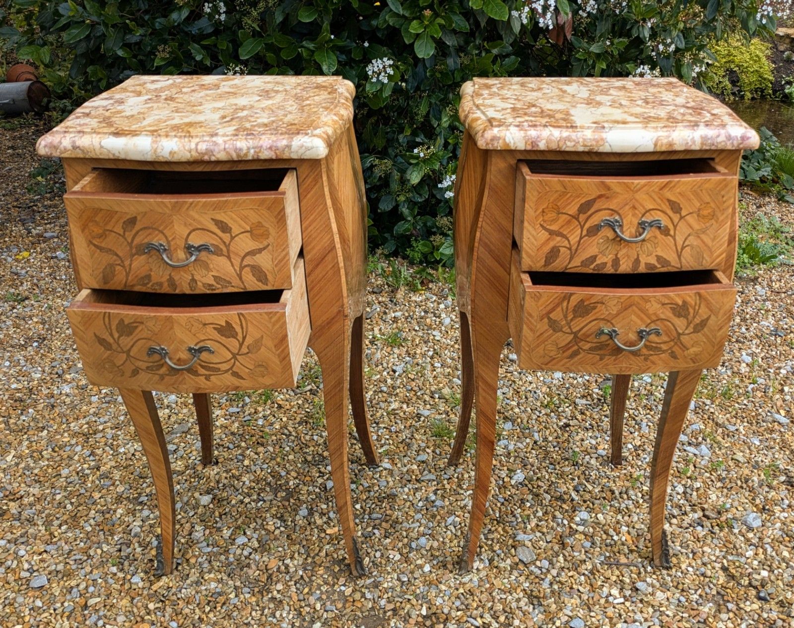 Good Pair Antique French Inlaid Bedside Cabinets Marble Tops photo 685.0