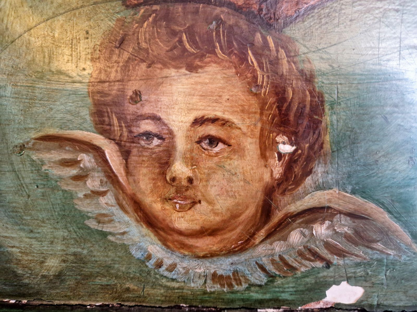 Antique 19 Century Headboard. French Made. Putty Faces. Green Flowers God Painted. photo furniture