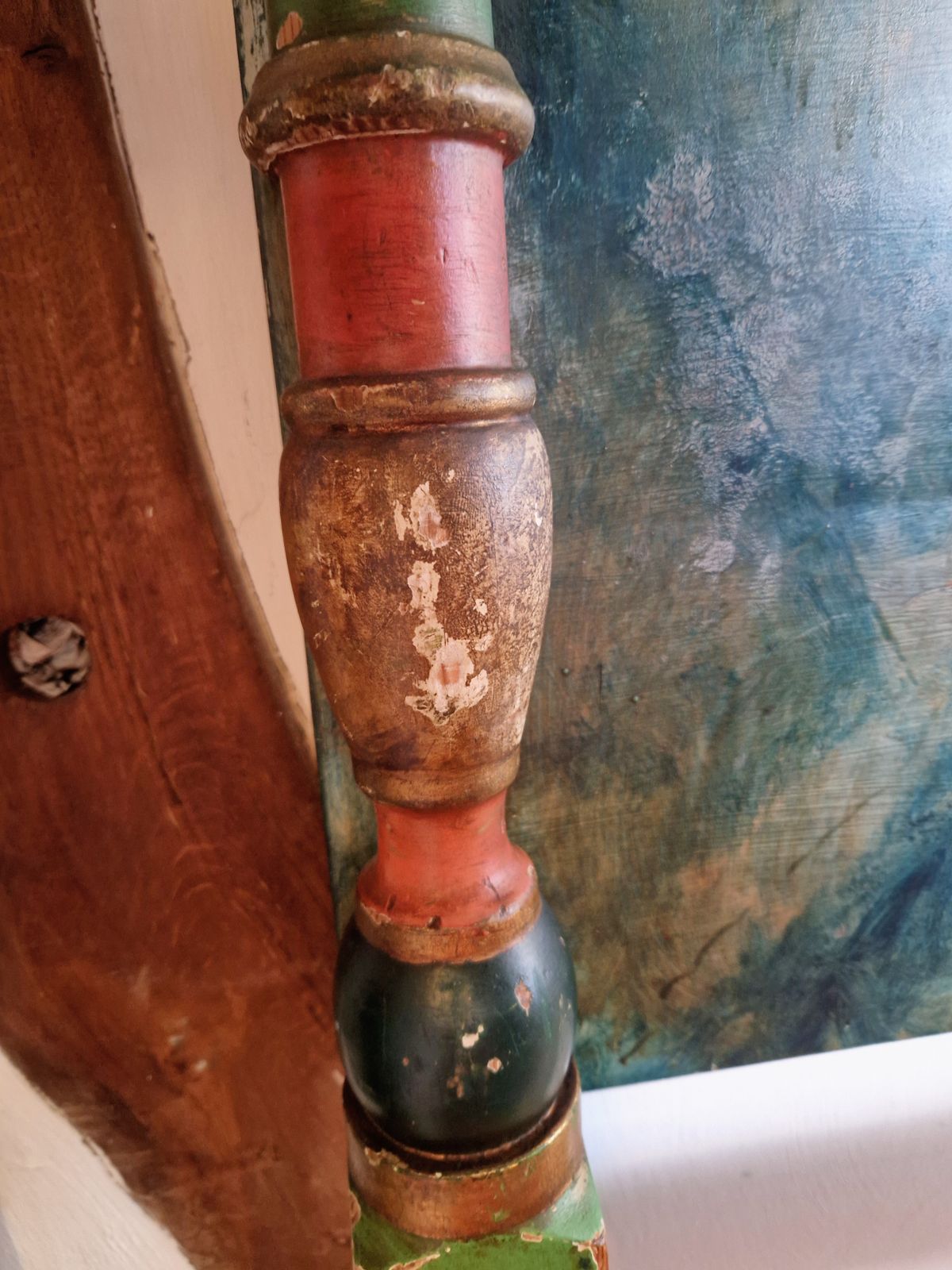 Furniture Antique 19 Century Headboard. French Made. Putty Faces. Green Flowers God Painted. photo