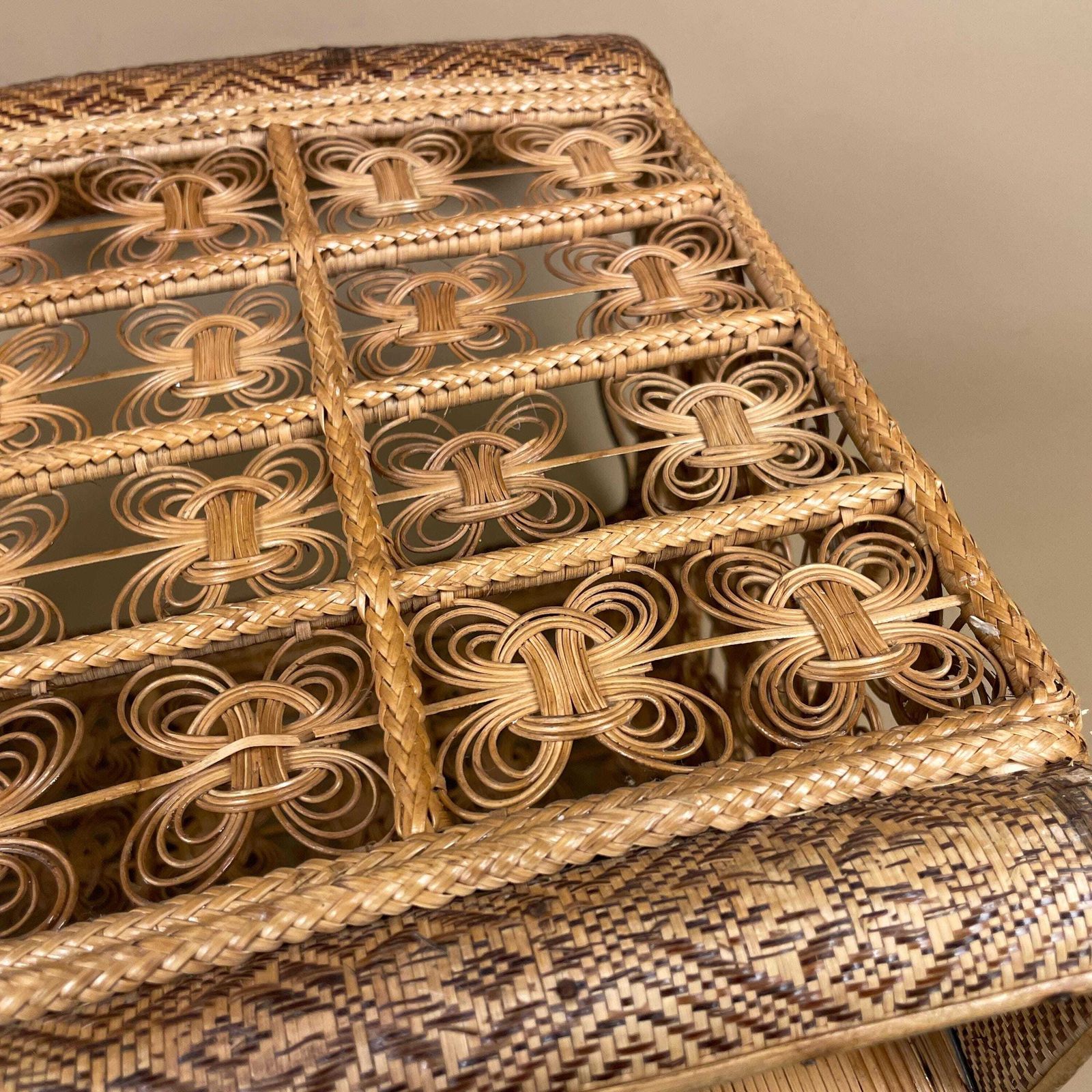 photo buy Handmade Finely Woven Rectangle Basket Wicker Vintage Storage Wood Handle Wooden Cottage Farmhouse Medium Brown Intricate Patterned Pattern