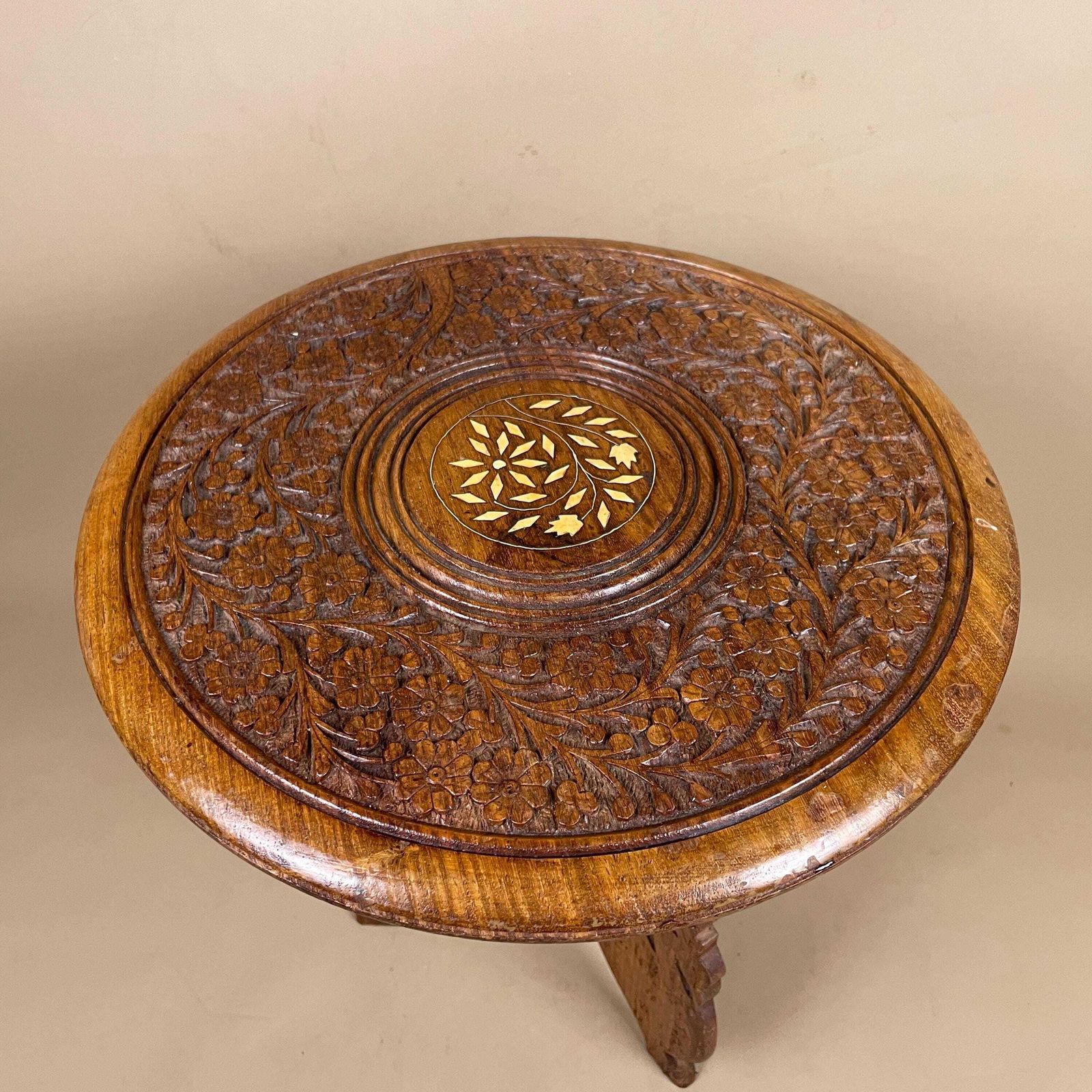 Indian Wooden Table Decorative Intricate Patterned Inlay Top Hand Crafted Round Vintage Antique Asian Plant Stand Floral Pattern Small Wood photo for sale