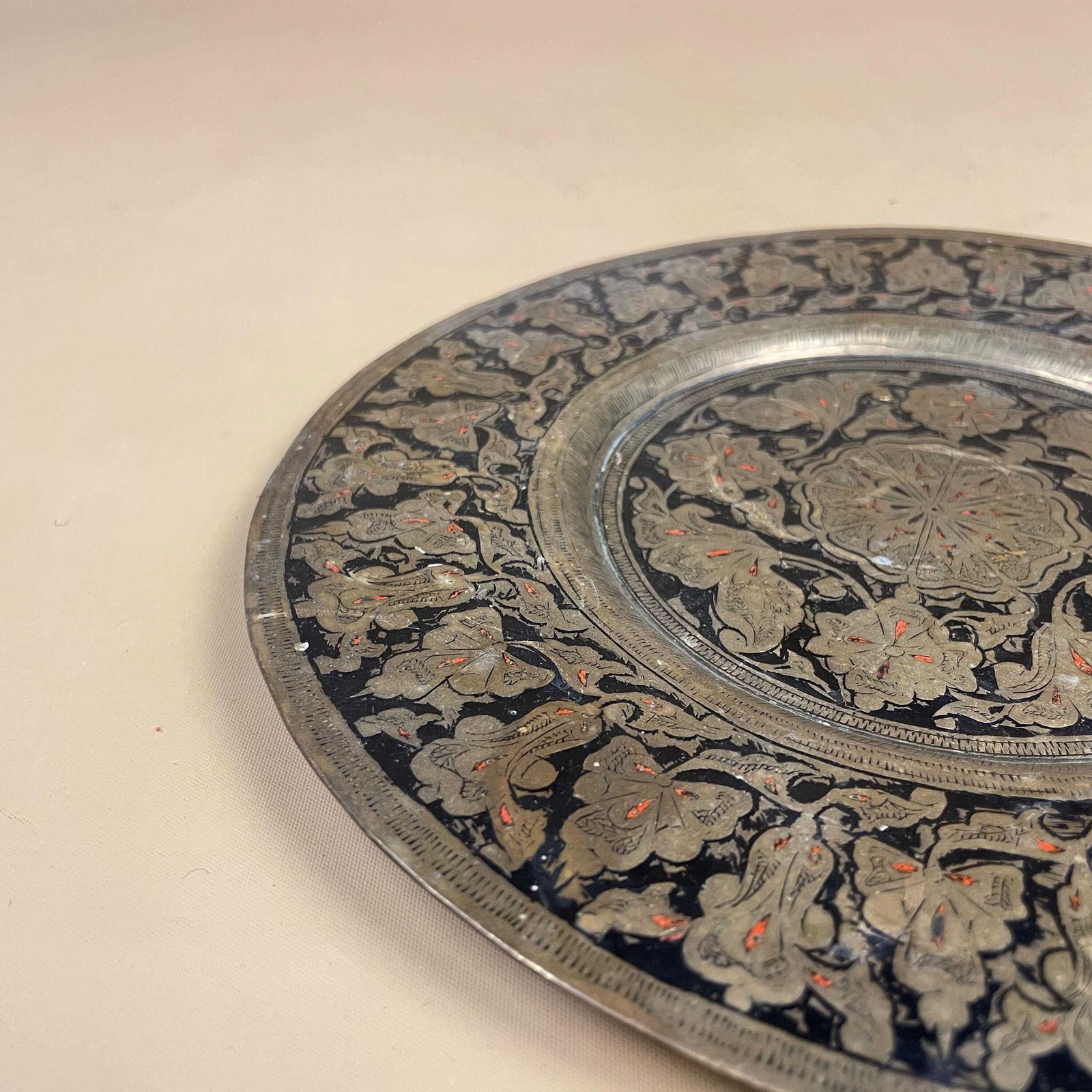 Antique Metal Gold Indian Patterned Brass Tray 24.5cm Plate Asian Handmade Etched Intricate Vintage Decorative Patterned Wall Art Black photo 50.0