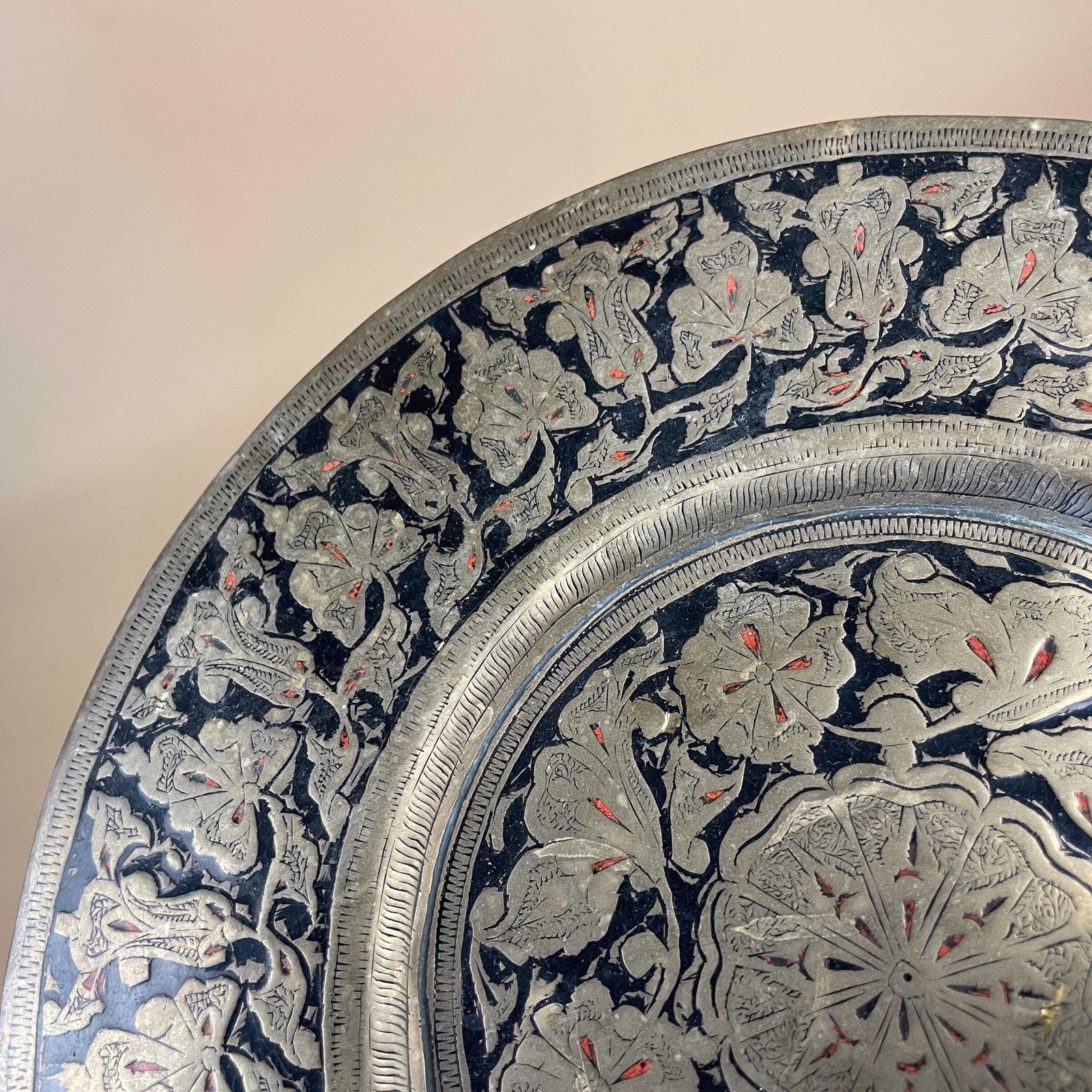 Antique Metal Gold Indian Patterned Brass Tray 24.5cm Plate Asian Handmade Etched Intricate Vintage Decorative Patterned Wall Art Black photo vintage