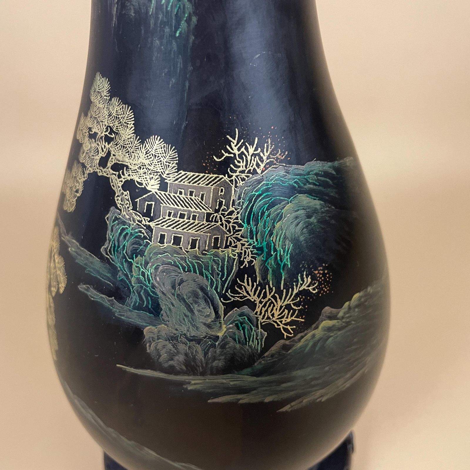 Asian Lacquer Vase Gilt Landscape Hand Painted Oriental Decor Vintage Black Gold Decorative Art Vase With Stand Japanese photo 55.0